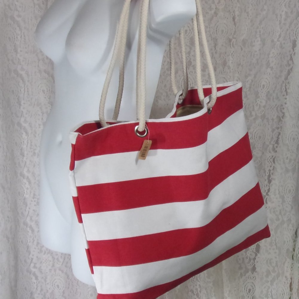 Marbella & Ashford Fashion Large Canvas Beach Handbag Tote Red White Stripes NWT